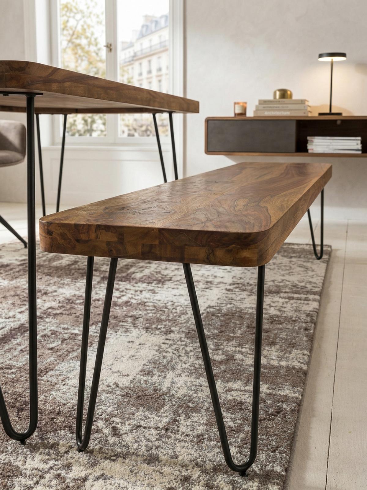 SITZBANK BALU Massivholz Metallbeine Landhausstil, Braun 180x40x45 cm - Schwarz/Braun, Holz/Metall (180/45/40cm) - KADIMA DESIGN