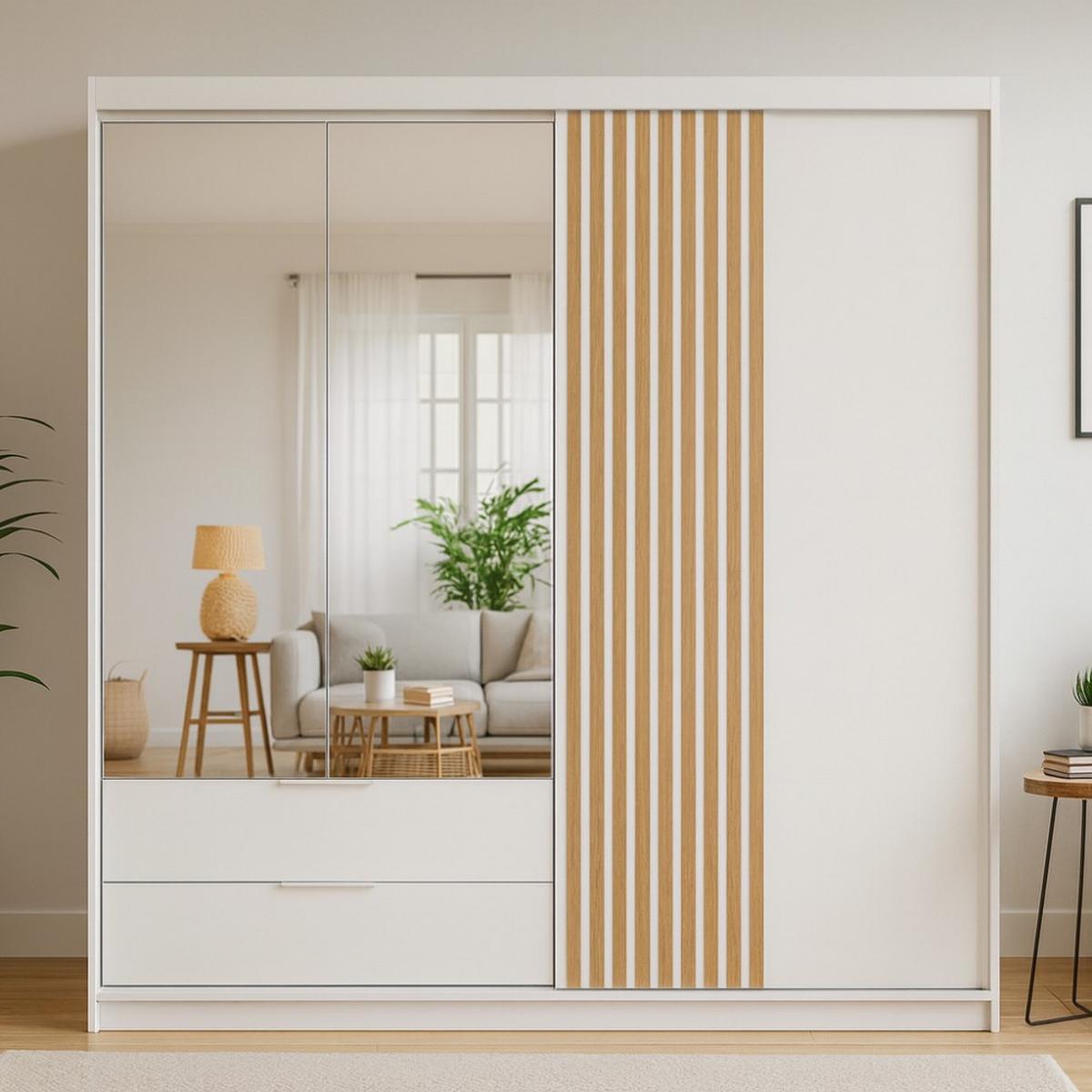 DREHTÜRENSCHRANK Madero mit Spiegel und 2 Schubladen, 203 cm, Weiß - Weiß, Holzwerkstoff (203/213/60cm) - Beautysofa