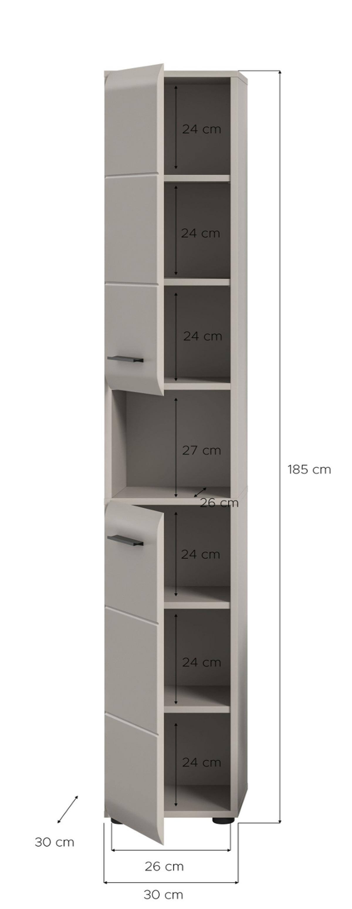 HOCHSCHRANK Kaschmir 30 x 185 cm, Badschrank mit wechselbarem Türanschlag - Kaschmir/Schwarz, Holzwerkstoff/Kunststoff (30/185/30cm) - Inn.Furn