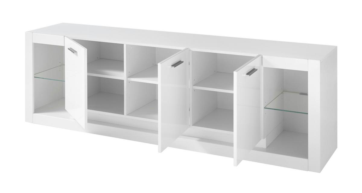 TV-LOWBOARD weiß Hochglanz 200 cm, TV Unterschrank mit Komforthöhe - Weiß Hochglanz/Silberfarben, Glas/Holzwerkstoff (198/61/43cm) - Furn.Design