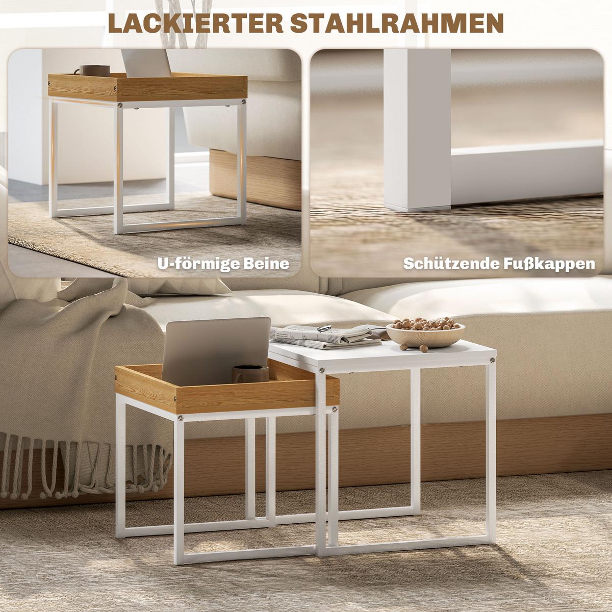 2ER-SET Couchtisch, Eckiger Beistelltisch, Kaffeetisch mit Stahlgestell bis 30kg - Weiß, Metall (45/45/45cm) - HOMCOM