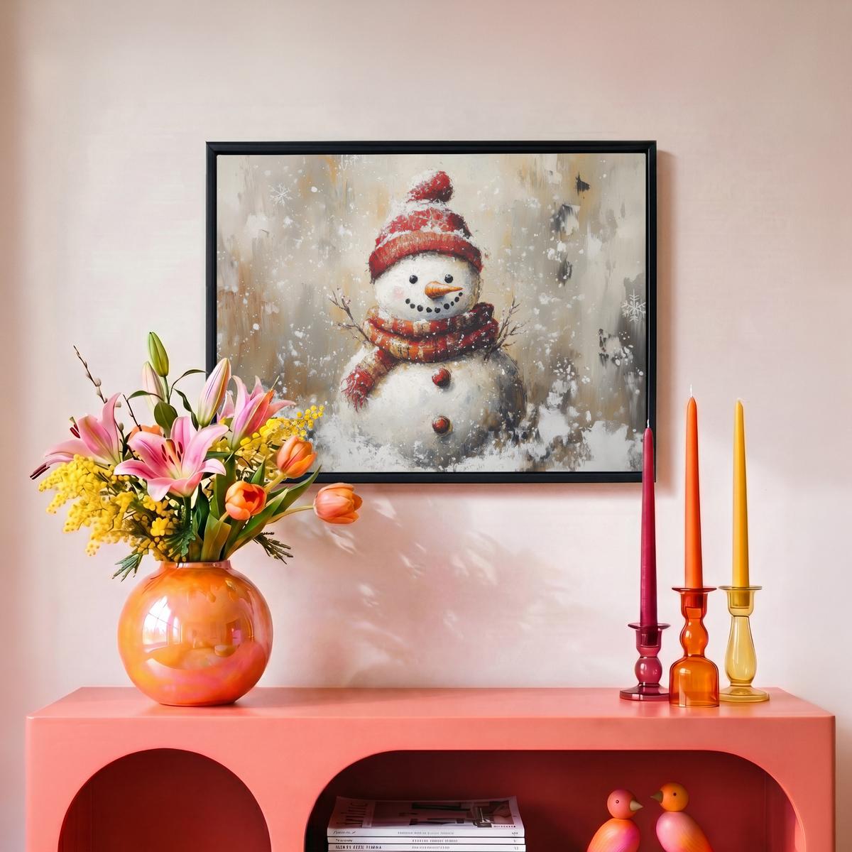 LEINWAND Bilder mit Rahmen - Schneemann - Winter - Schnee - Beige - 40x30 - Weiß, Textil (40/30cm) - MuchoWow