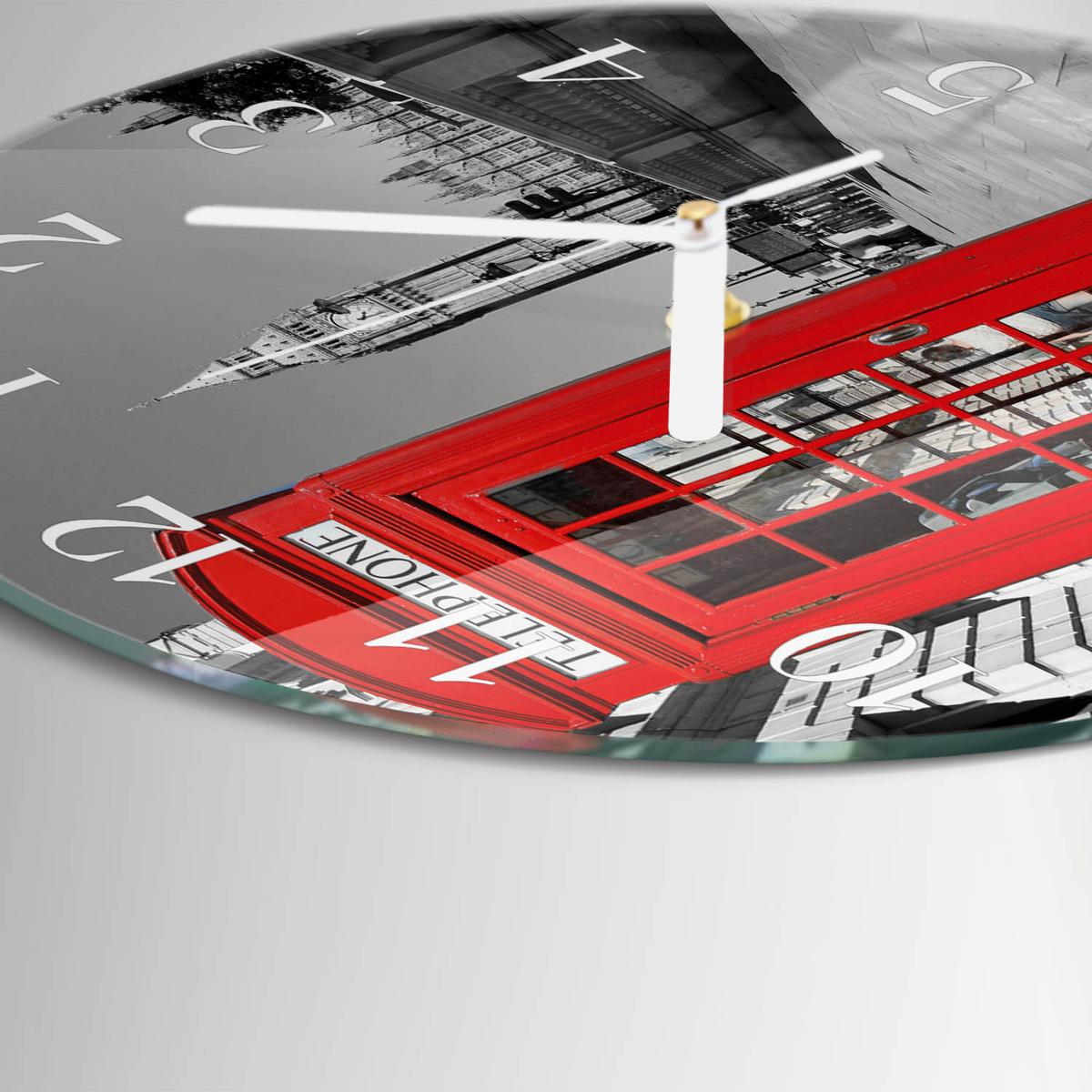 WANDUHR aus Glas Ø30 cm - Rote Telefonzelle - Rot, Glas (30/30/0.4cm) - TULUP