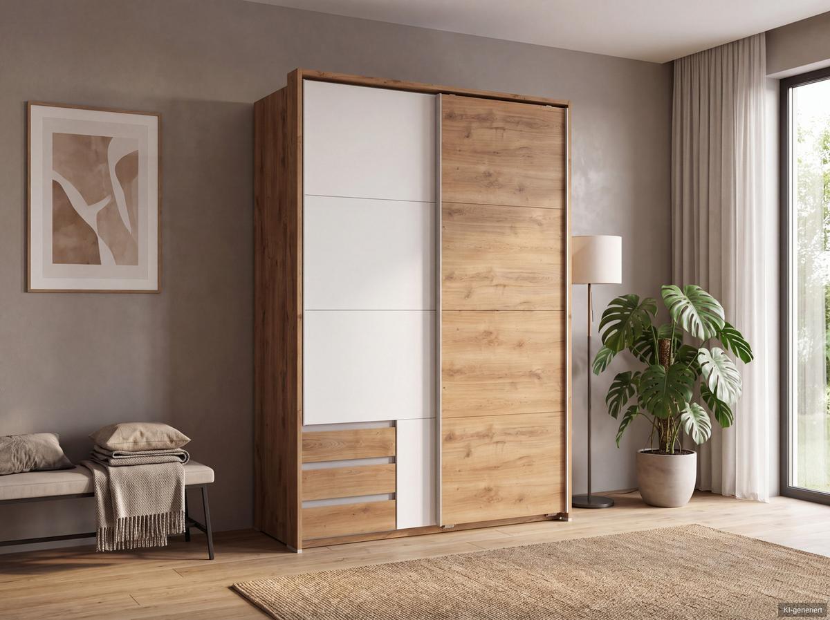 SCHWEBETÜRENSCHRANK 2-türig B138/H200/T65 cm, Passepartout-Kleiderschrank mit sichtbaren Schubkästen in Eiche Dekor, 1x Tür in Weiß / 22670 - Eichefarben/Alufarben, Holz/Holzwerkstoff (138/200/65cm) - luma-home