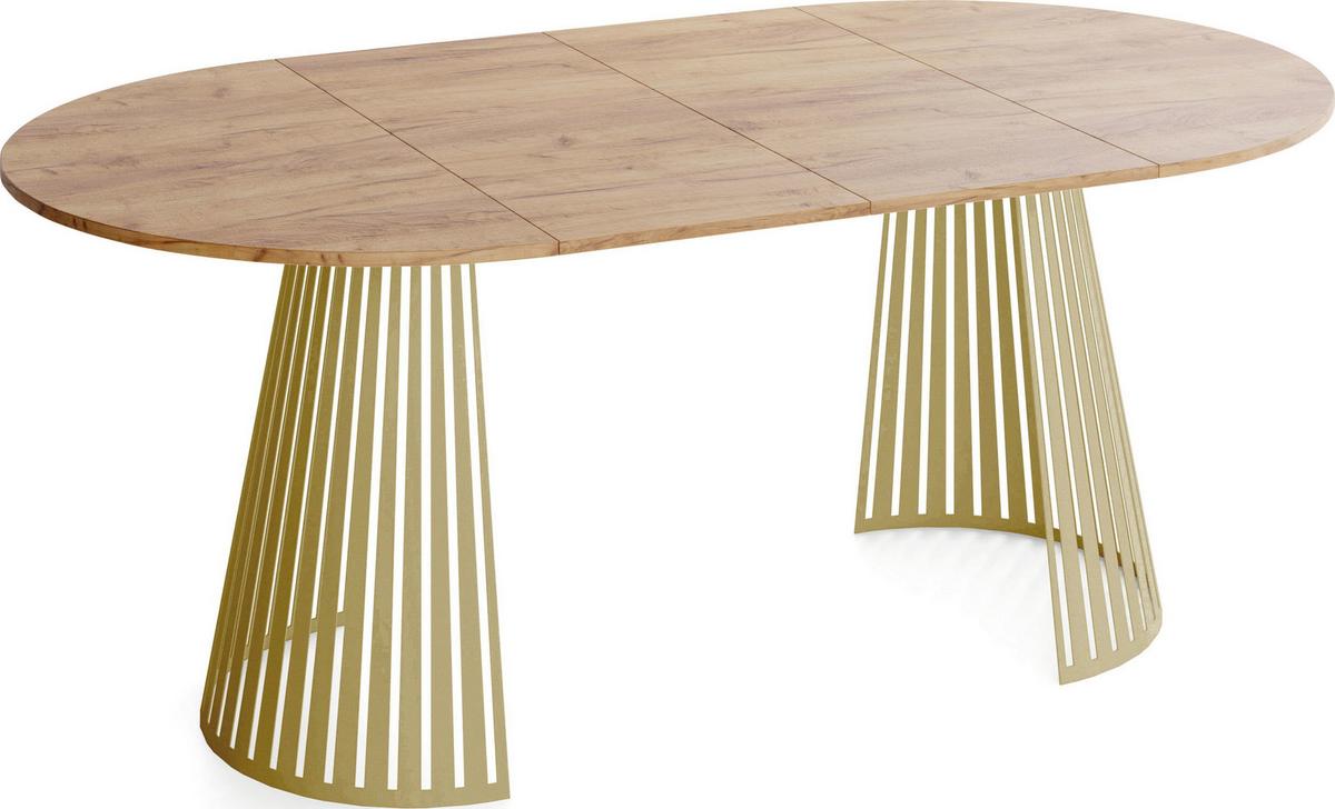 ESSTISCH Naro rund ausziehbar mit Goldenem Lamellen-Metallgestell, Braun 100-180/100/76 cm - Eiche Wotan/Goldfarben, Holzwerkstoff/Metall (100/176/76cm) - WFL GROUP