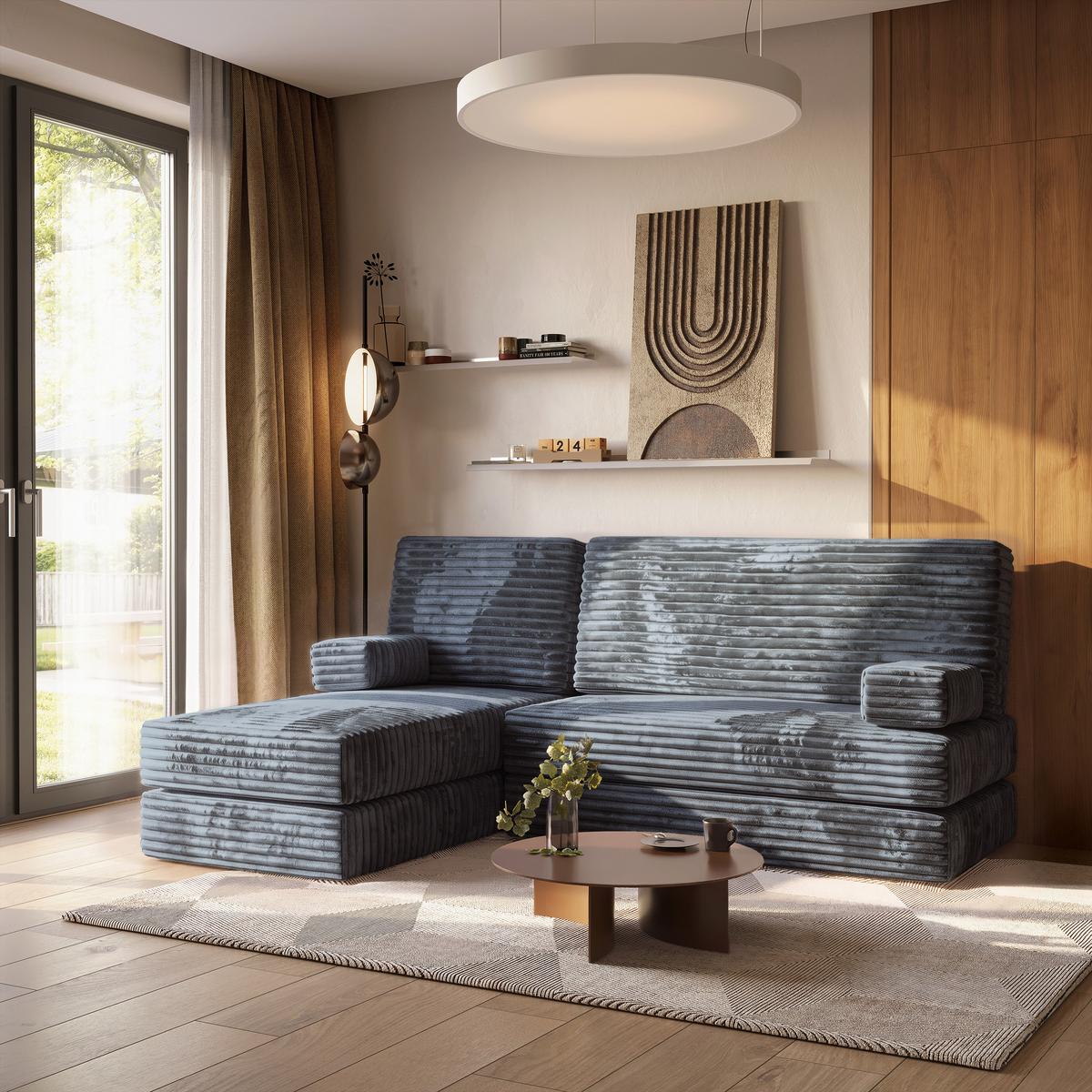 ECKSOFA NOTIA modulares Boneless Sofa mit Schlaffunktion Grau Kordstoff - Blaugrau, Textil (200/120cm) - MASSENO