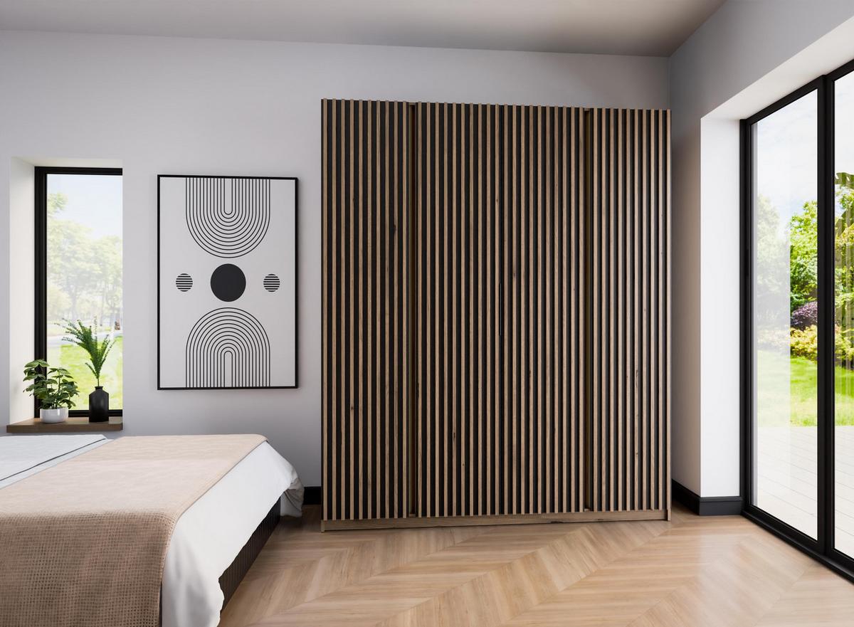 KLEIDERSCHRANK Nehir Korpus Eiche Evoke, Front Schwarz/Eiche Evoke 200 cm - 4T Modern mit 4 Lamellentüren - Eichefarben/Schwarz, Holzwerkstoff/Kunststoff (200/239/61.9cm) - AX Living