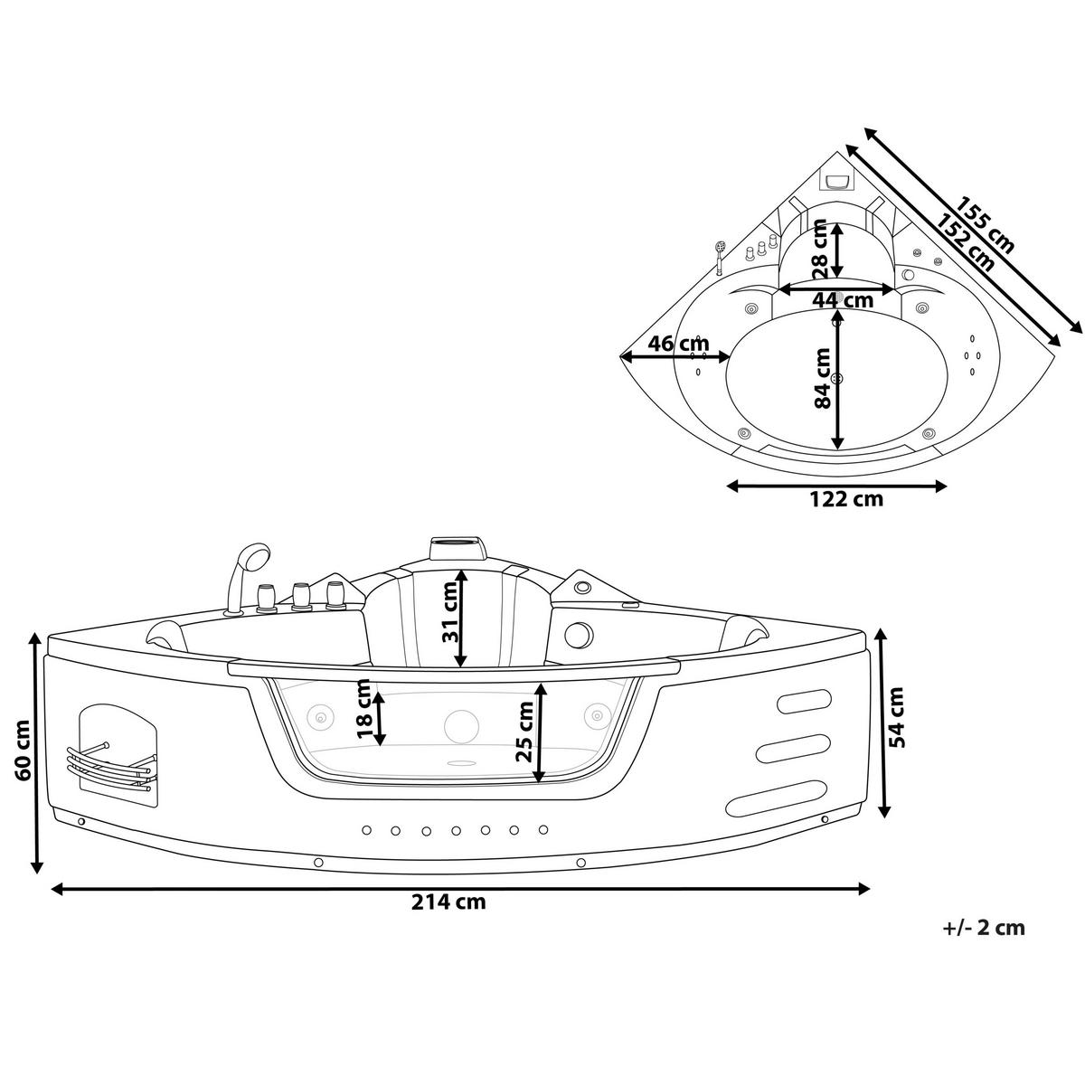 WHIRLPOOL-BADEWANNE mit LED 155x214x60 cm schwarz Martinica - Schwarz, Kunststoff (155/60/214cm) - Beliani