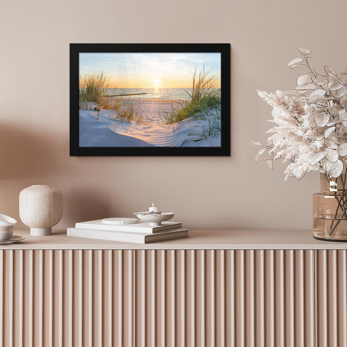 POSTER MIT RAHMEN Strand - Sonne - Düne - Gras - Sand - Horizont 30x20 cm - Hellblau, Papier (30/20cm) - MuchoWow