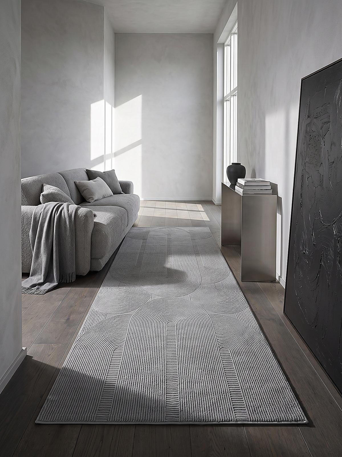 LÄUFER KASOS Waschbar Geometrisch Polyester Grau 80 x 300 cm - Grau, Textil (80/300cm) - KADIMA DESIGN