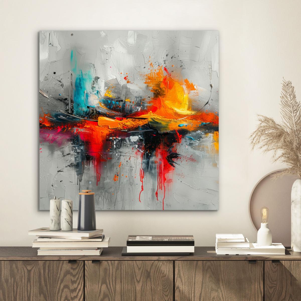 METALLBILD Moderne Kunst - Orange - Grau - Abstrakt 50x50 cm - Hellgrau, Metall (50/50cm) - MuchoWow