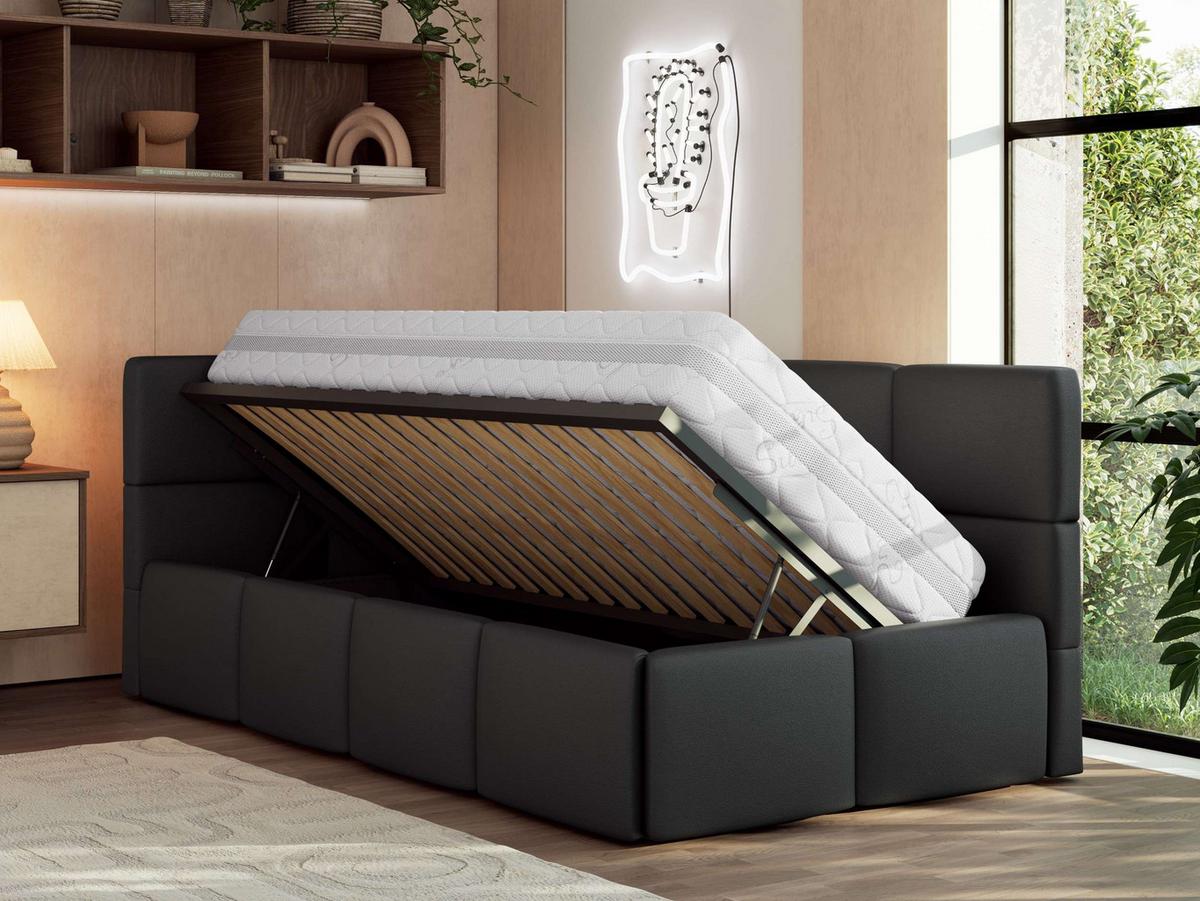 JUGENDBETT ARVO 90/200 - Schwarz Kunstleder - Multipocket-Matratze - Links Seite - Schwarz, Textil (90/200cm) - MKS