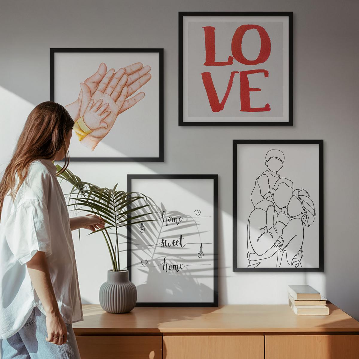 BILDER SET 4er Set - 50x50 cm & 40x60 cm Schwarzer Rahmen - Familienillustrationen Hausschilder - Schwarz, Kunststoff (50/50cm) - TULUP