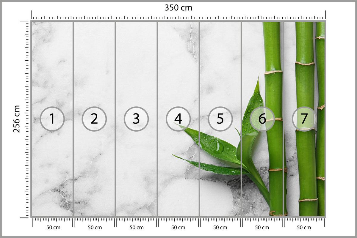 FOTOTAPETE für Küche Bambusblätter Grauer Marmor Exotisch Elegant 350x256 - Weiß/Grau, Papier (350/256cm) - Muralo