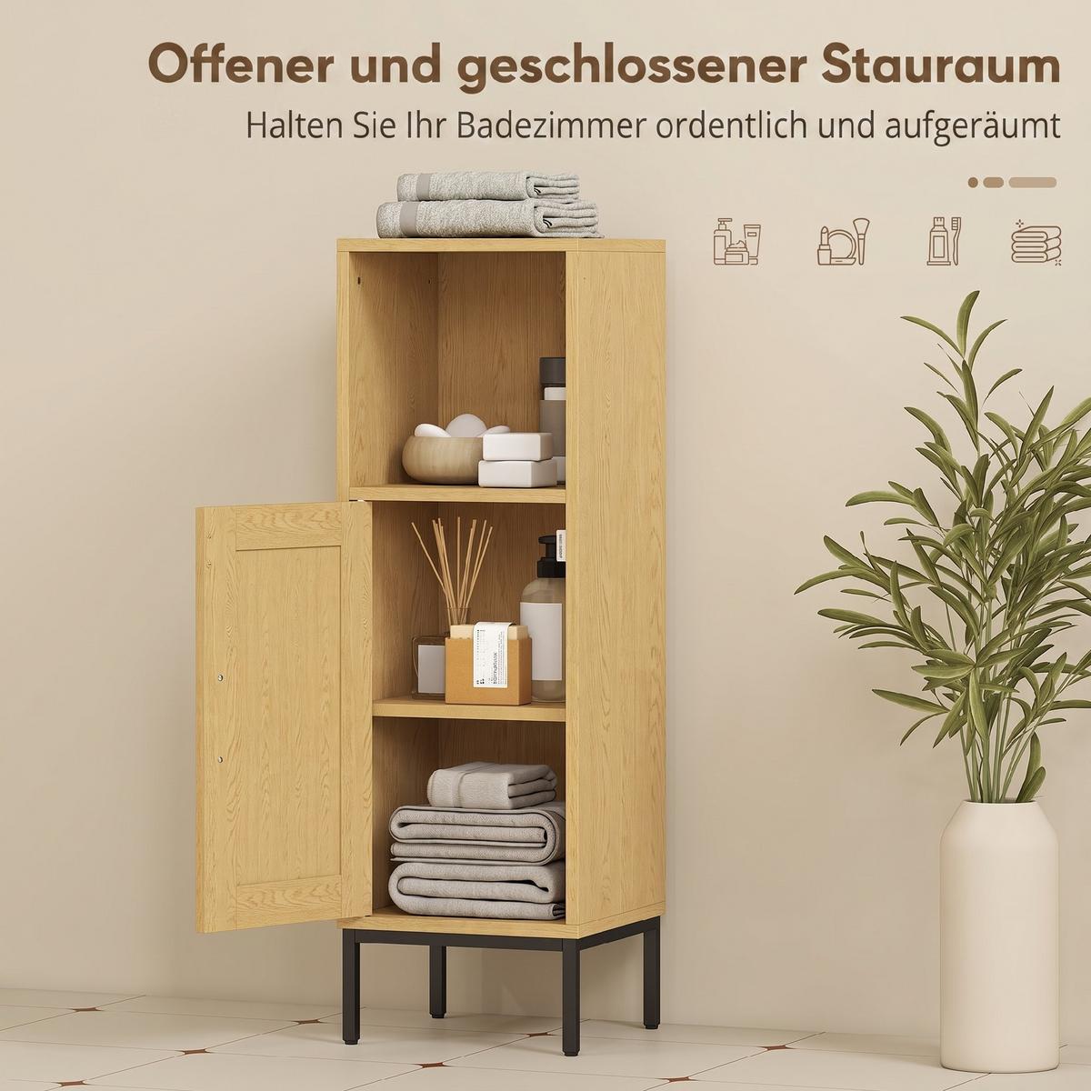 BADEZIMMERSCHRANK Spanplatte Stahl Naturholz - Schwarz/Naturfarben, Holzwerkstoff/Kunststoff (30/94/30cm) - HOMCOM