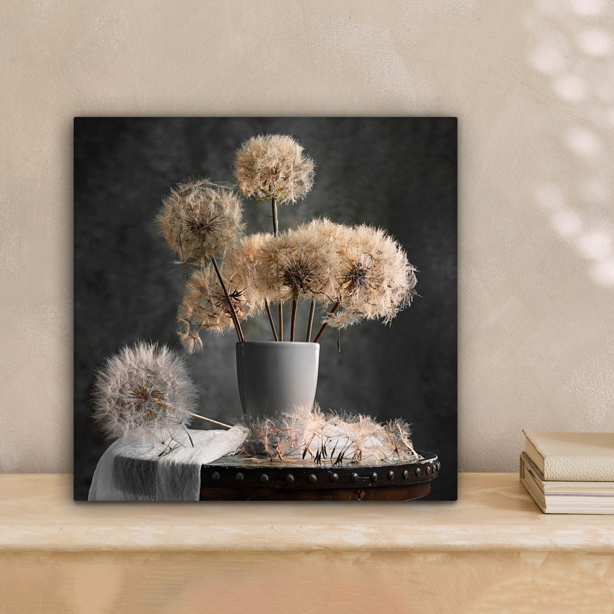 LEINWANDBILD Blumensamen - Löwenzahn - Vase - Stilleben - Blumenstrauß Deko Wohnzimmer 20x20 cm - Dunkelgrau, Textil (20/20cm) - MuchoWow