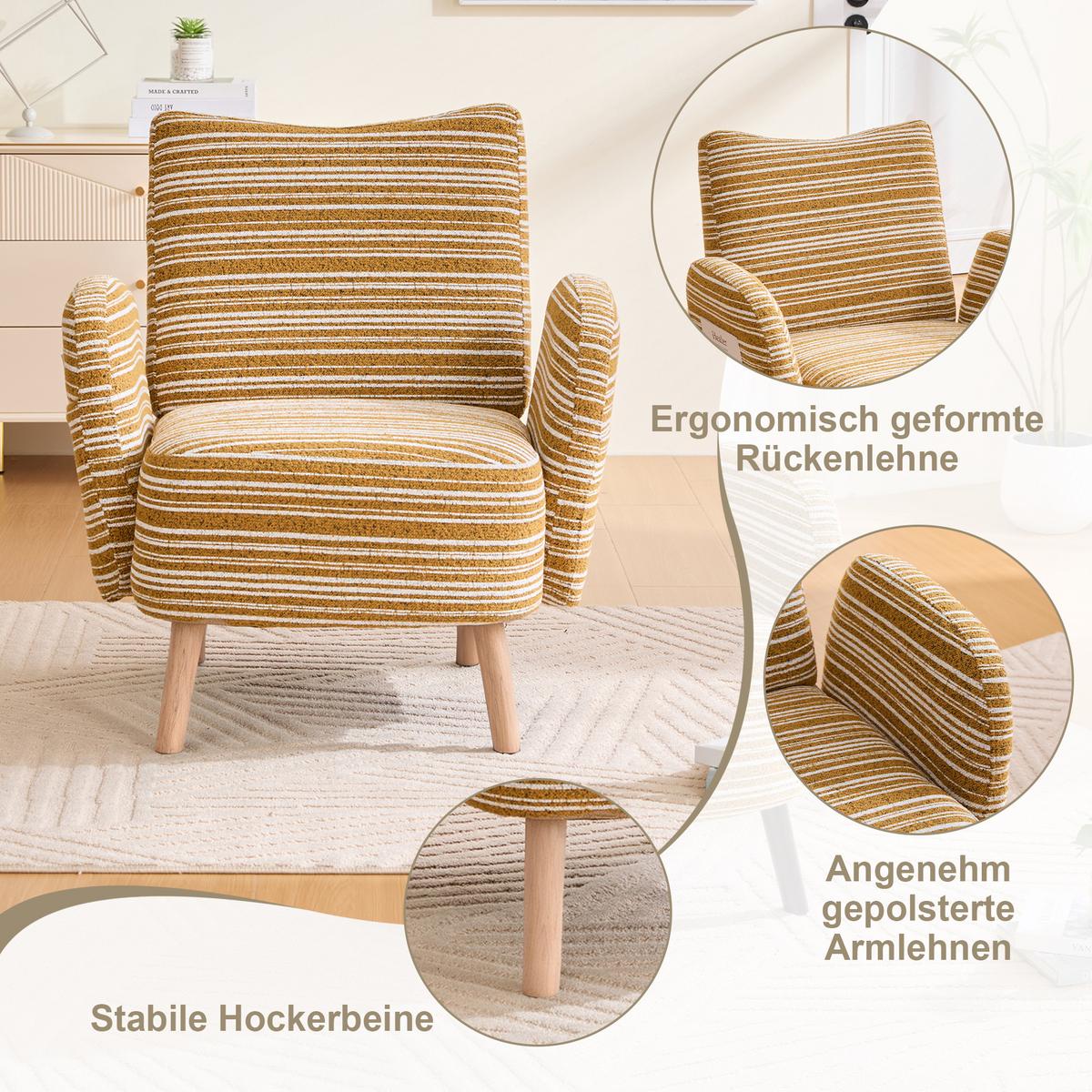 SESSEL boucle stoff gelb modern mit seitentasche holzbeine - Gelb, Textil (77/87/81cm) - Urban Meuble