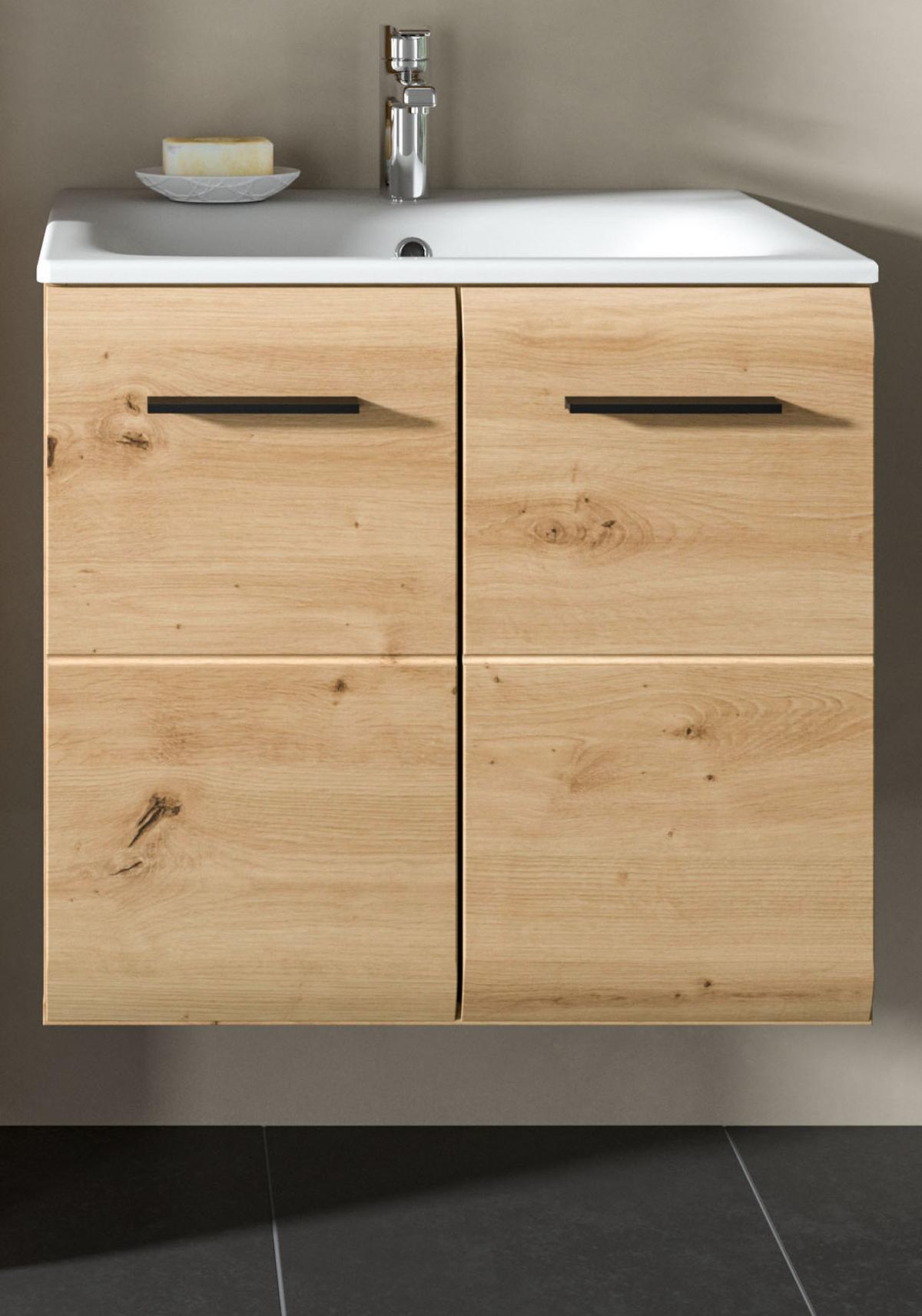 WASCHTISCH Eiche Artisan, Set Waschbeckenunterschrank hängend mit Waschbecken, Breite 60 cm - Schwarz/Eiche Artisan, Keramik/Holzwerkstoff (60/55/46cm) - Inn.Furn