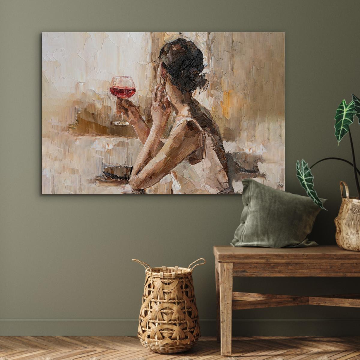 METALLBILD Ölgemälde - Frau - Wein Wanddeko 90x60 cm - Hellbraun, Metall (90/60cm) - MuchoWow