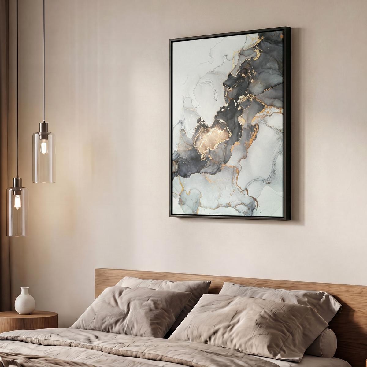 LEINWAND Bilder mit Rahmen - Marmor - Schwarz - Weiß - Gold - Luxus - Abstrakt - 60x80 - Goldfarben, Textil (60/80cm) - MuchoWow