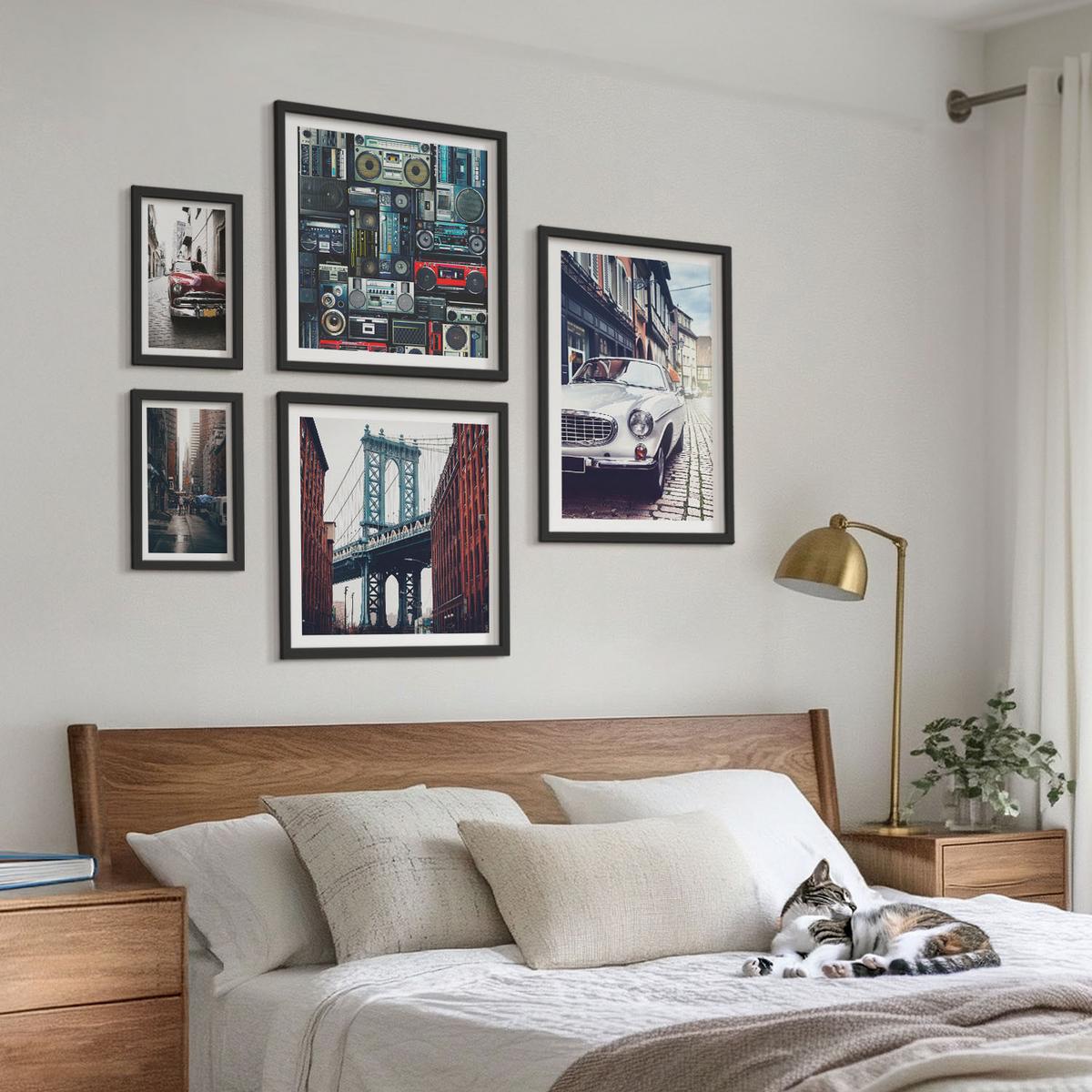 BILDER SET 5er Set - 50x50 cm & 20x30 cm & 40x60 cm Schwarzer Rahmen - Old Cars Brooklyn Retro-Audio - Schwarz, Kunststoff (40/60cm) - TULUP