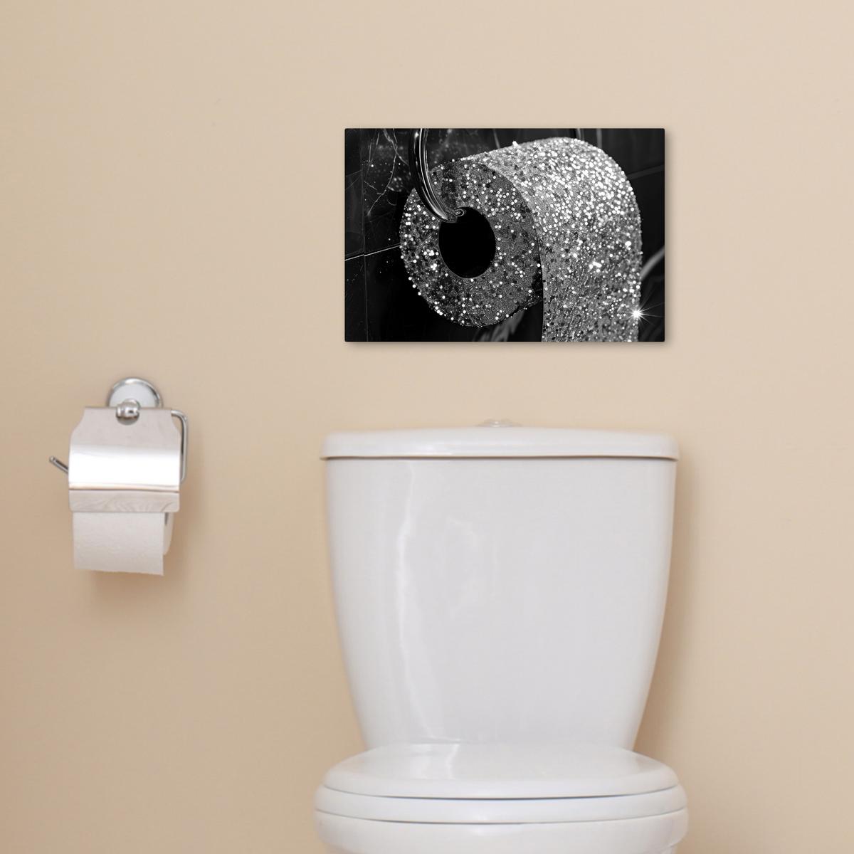 LEINWANDBILD WC - Toilettenpapier - Schwarz und weiß - Glitter Deko Schlafzimmer 30x20 cm - Silberfarben, Textil (30/20cm) - MuchoWow
