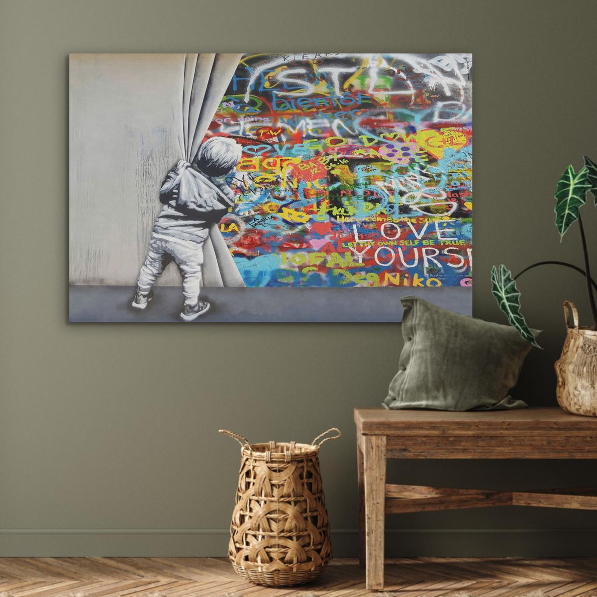 AKUSTIKBILD Graffiti - Junge - Ilussie - Straßenkunst Wandbild Wohnzimmer 100x70 cm - Hellgrau, Textil (100/70/0.9cm) - MuchoWow