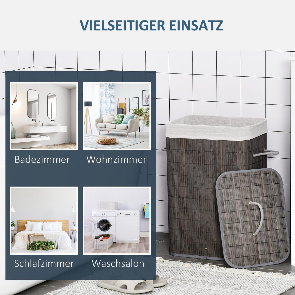 WÄSCHEKORB schmal mit Deckel 83L, Bambus, Grau - Grau, Naturmaterialien (32/61/43cm) - HOMCOM