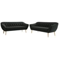 SITZGARNITUR PIRS 3+3 - Dunkelgrau Strukture - Holzbeine - Dunkelgrau/Buchefarben, Holzwerkstoff/Textil (180/75/74cm) - MKS