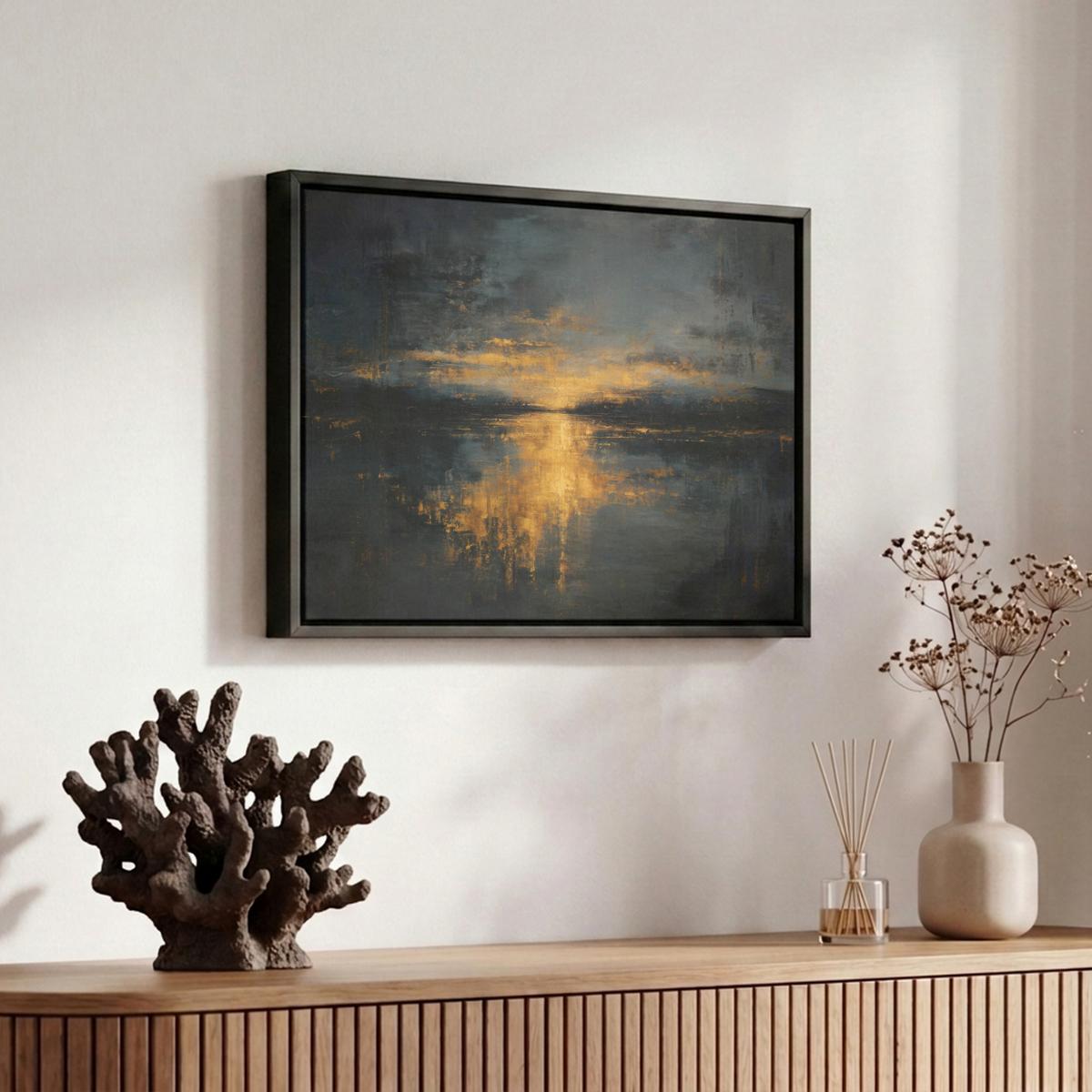 LEINWAND Bilder mit Rahmen - Goldene Reflexion auf dem Wasser - 30x20 - Anthrazit, Textil (30/20cm) - MuchoWow