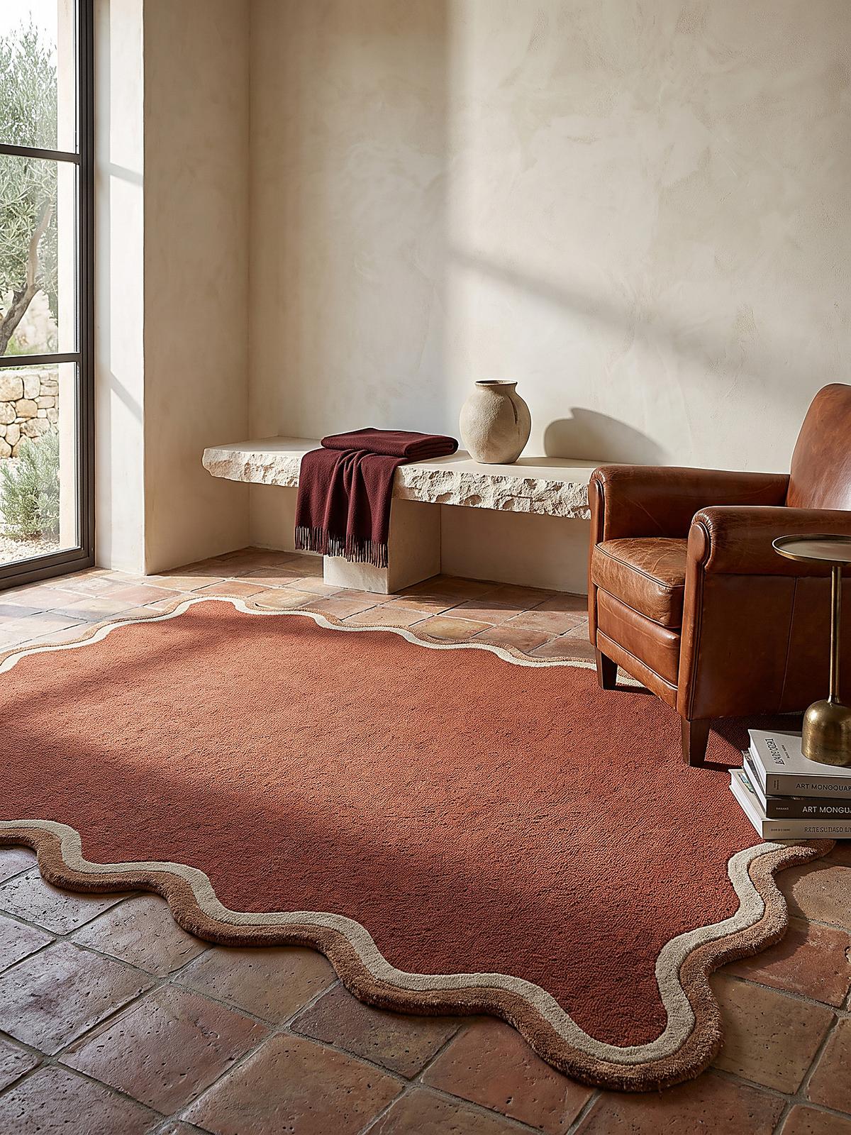 WOLLTEPPICH handgetuftet ALHAM, Wellenbordüre, Terrakotta, 120 x 170 cm - Orange, Textil (120/170cm) - KADIMA DESIGN