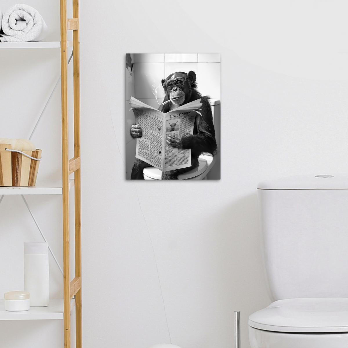 LEINWANDBILD Affe - WC - Zeitung - Schwarz-Weiß - Humor Room Decor 30x40 cm - Hellgrau, Textil (30/40cm) - MuchoWow