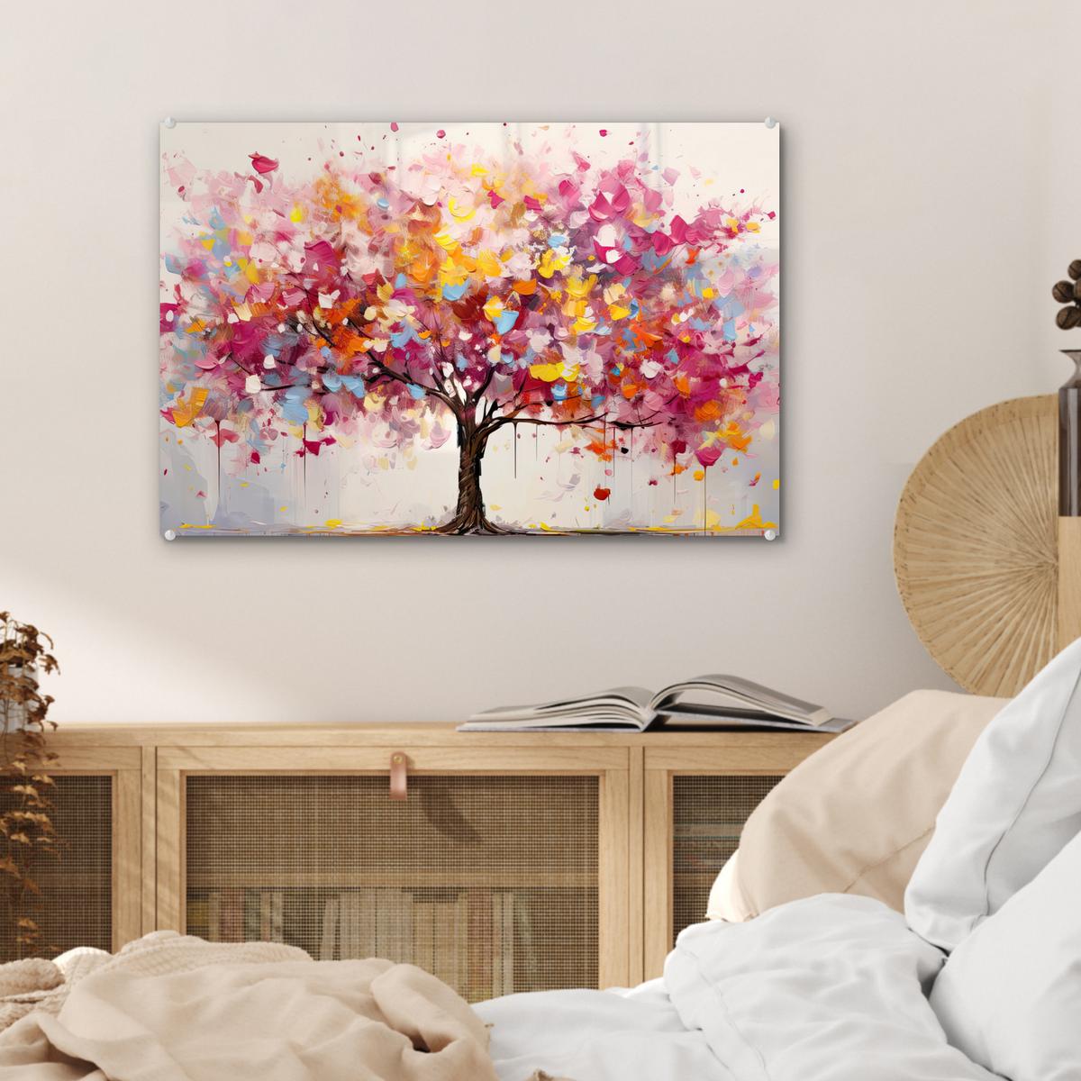 ACRYLGLASBILD Aquarell - Baum - Kunst - Abstrakt Wanddeko 60x40 cm - Multicolor, Glas (60/40cm) - MuchoWow
