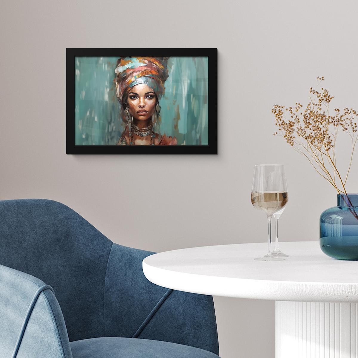 POSTER MIT RAHMENGERAHMTES BILD Frau - Kunst - Schmuck - Porträt 30x20 cm - Blaugrau, Papier (30/20cm) - MuchoWow