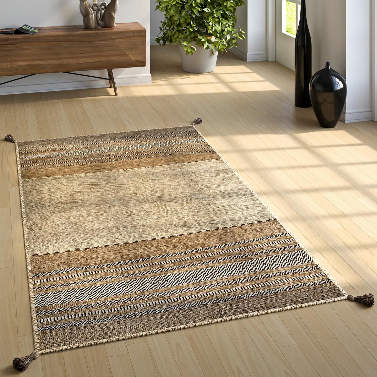 BAUMWOLLTEPPICH handgewebt wendbar, im Boho-Stil, Beige, 80 x 150 cm - Beige, Textil (150/80cm) - KADIMA DESIGN