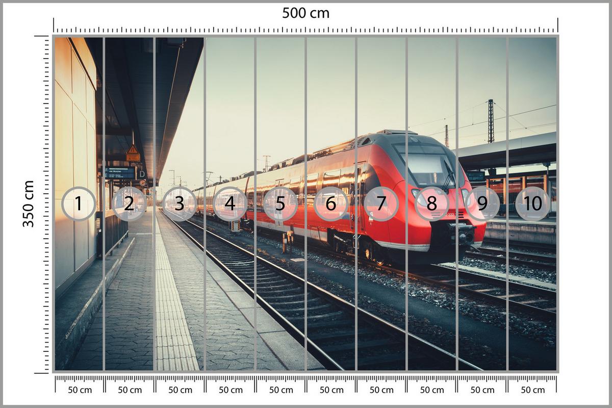 FOTOTAPETE für Wohnzimmer Moderner Roter Zug Bahnhof Geleise 500x350 - Rot/Braun, Papier (500/350cm) - Muralo