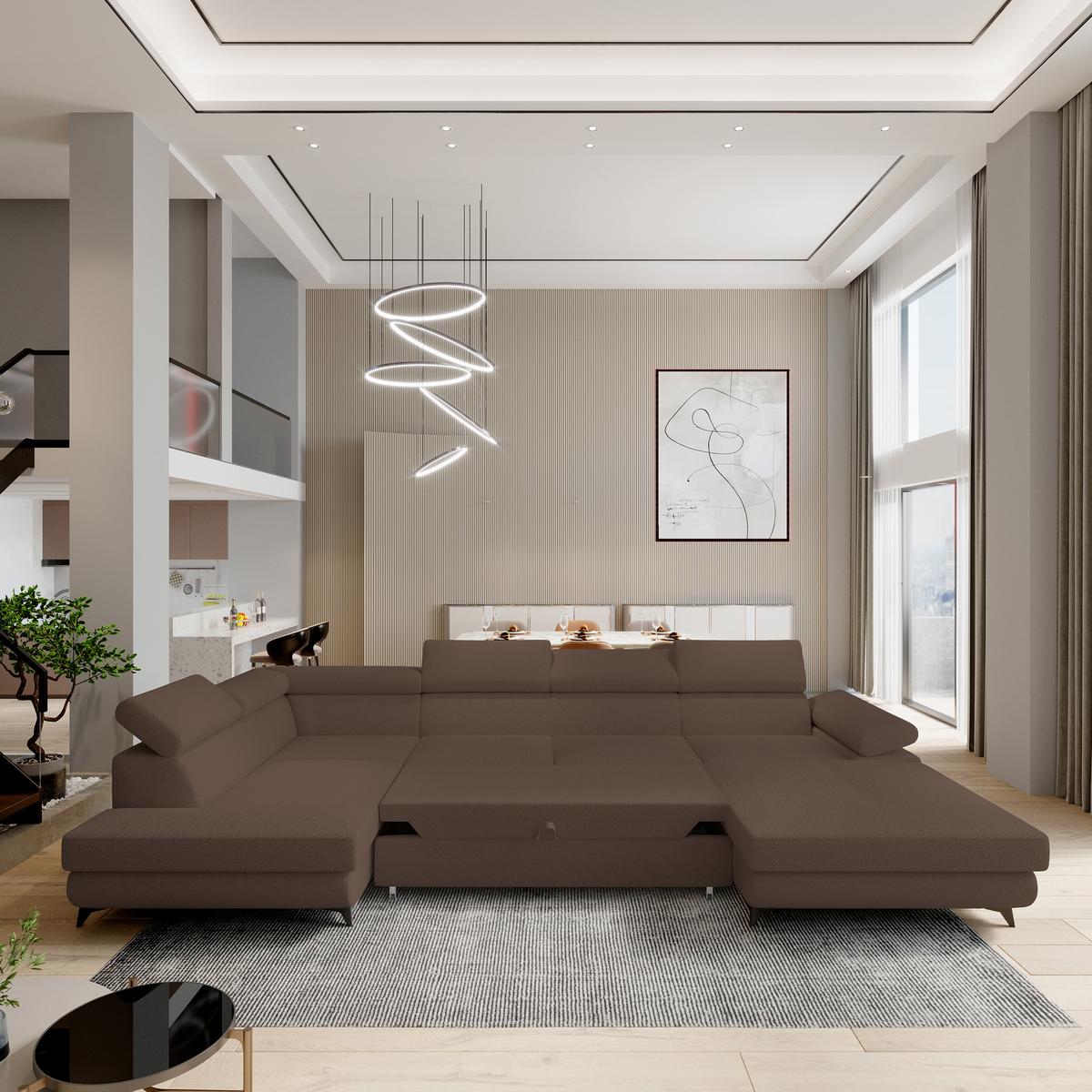 WOHNLANDSCHAFT RUBANO L-S Braun Boucle-Stoff mit Schlaffunktion - Braun, Holz (339/89/190cm) - MASSENO