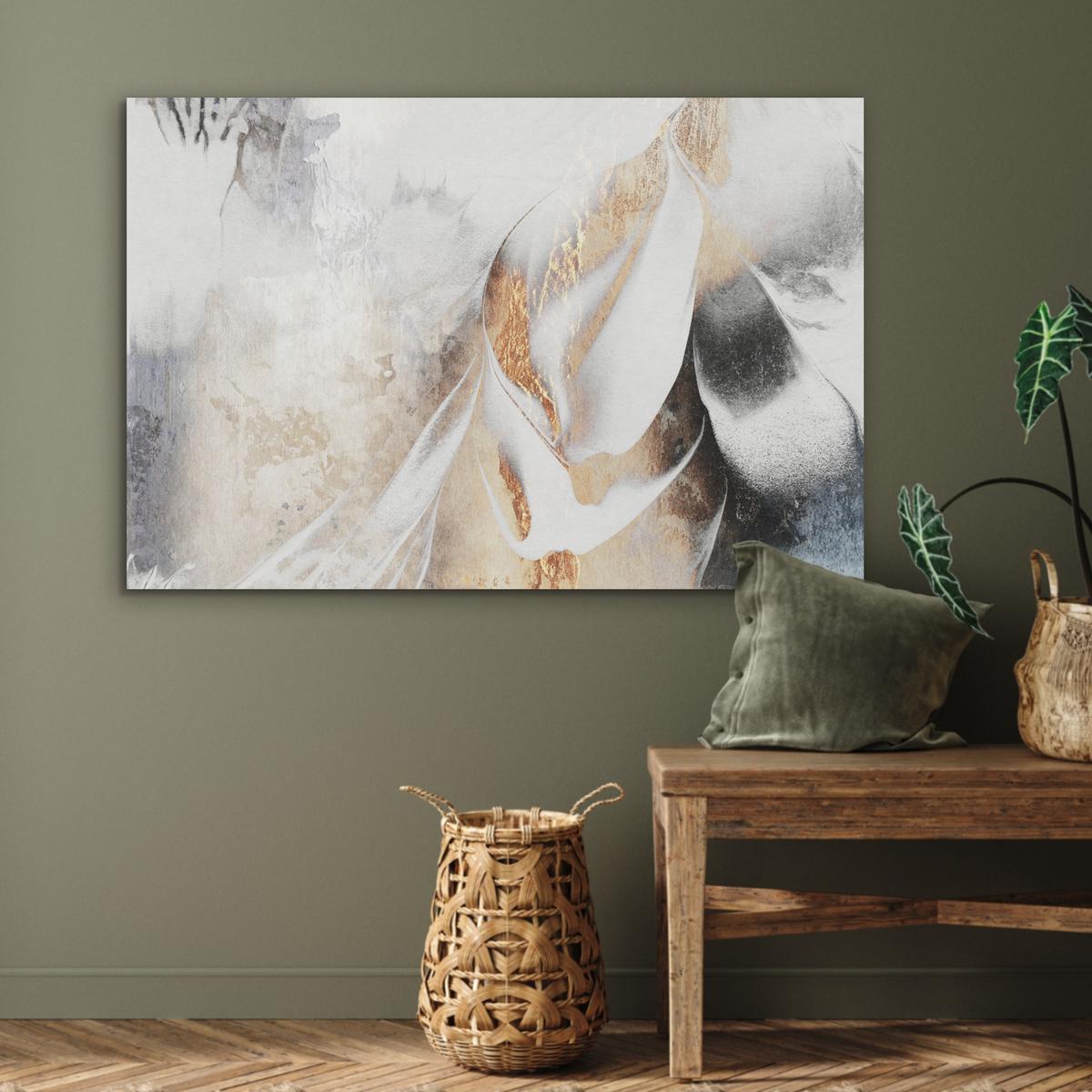 AKUSTIKBILD Luxus - Abstrakt - Gold - Weiß Wandbild Wohnzimmer 100x70 cm - Goldfarben, Kunststoff (100/70/0.9cm) - MuchoWow