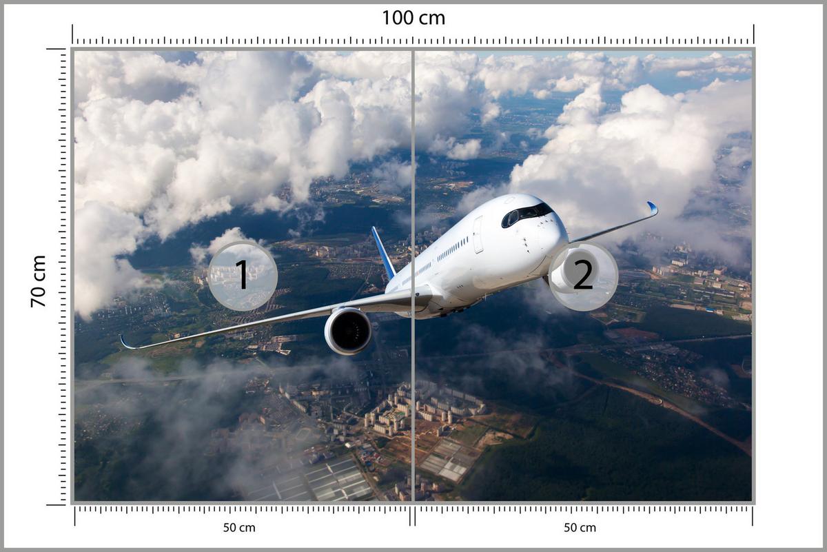 FOTOTAPETE für Jugendzimmer Flugzeug Start Wolken Himmel 100x70 - Blau/Beige, Papier (100/70cm) - Muralo