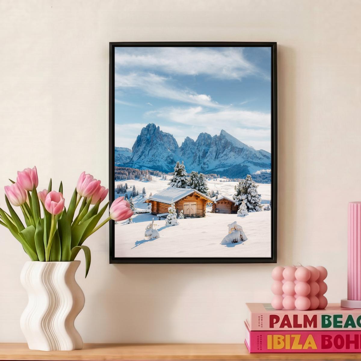 LEINWAND Bilder mit Rahmen - Winter - Hütte - Berge - Aussicht - Schnee - 30x40 - Eichefarben, Textil (30/40cm) - MuchoWow