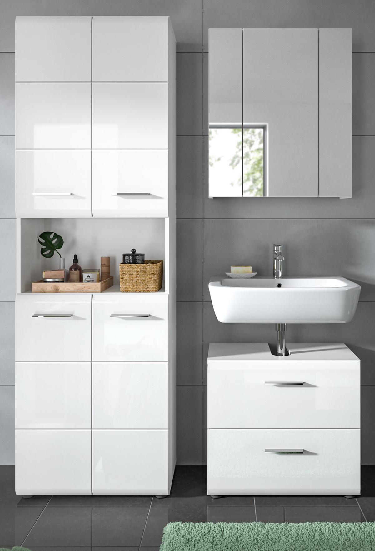 BADMÖBEL-SET 3-teilig weiß Hochglanz, Badkombination mit großem Badschrank - Weiß Hochglanz/Silberfarben, Glas/Holzwerkstoff (135/185/30cm) - Inn.Furn