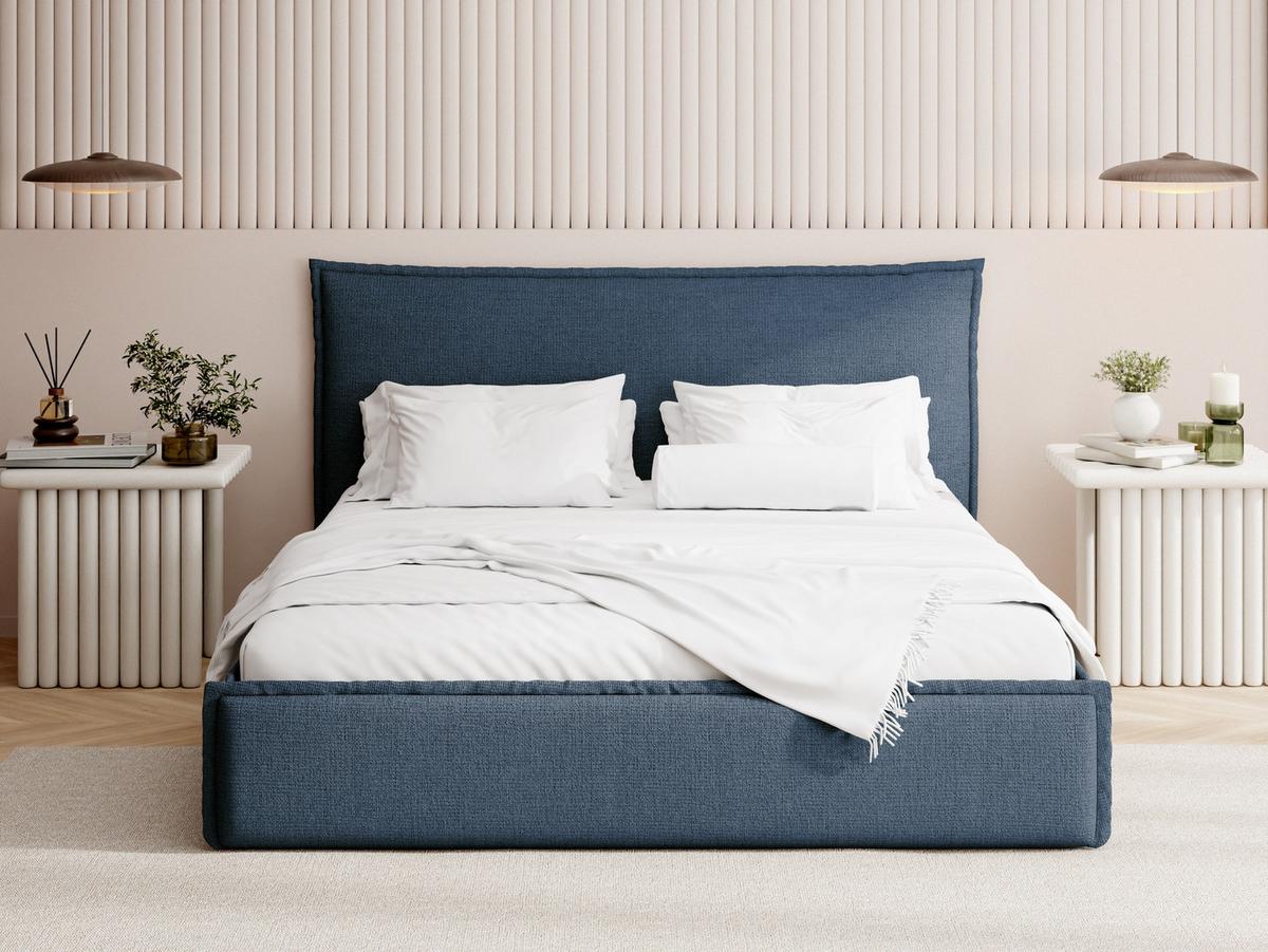 POLSTERBETT Pillow mit Bettkasten, Lattenrost & hohem Kopfteil in Dunkelblau Chenille 120x200 cm - Birkefarben/Schwarz, Holz/Kunststoff (120/200cm) - WFL GROUP