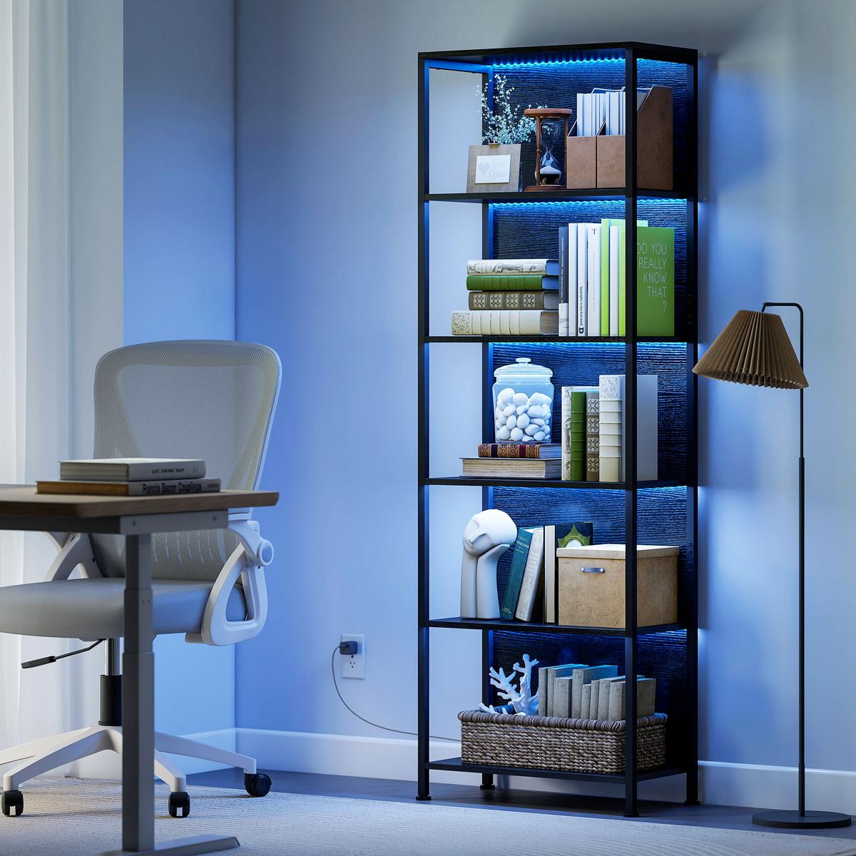 BÜCHERREGAL mit 5 Ebenen Standregal mit LED-Beleuchtung, 7 Lichtfarben, Schwarz - Schwarz, Holzwerkstoff/Metall (30/179/60cm) - HOMCOM