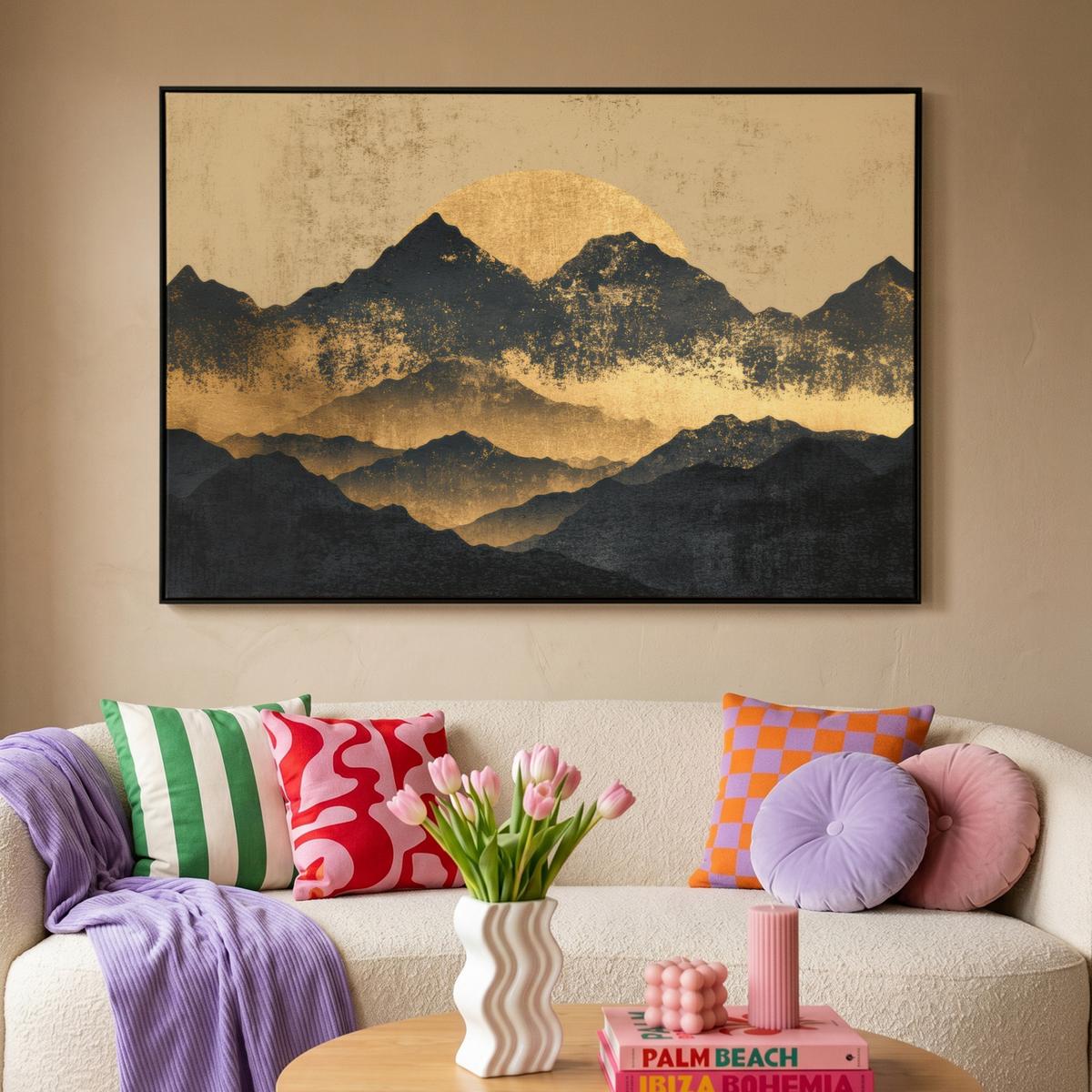 LEINWAND Bilder mit Rahmen - Goldene Berge bei Mondschein - 120x80 - Goldfarben, Textil (120/80cm) - MuchoWow