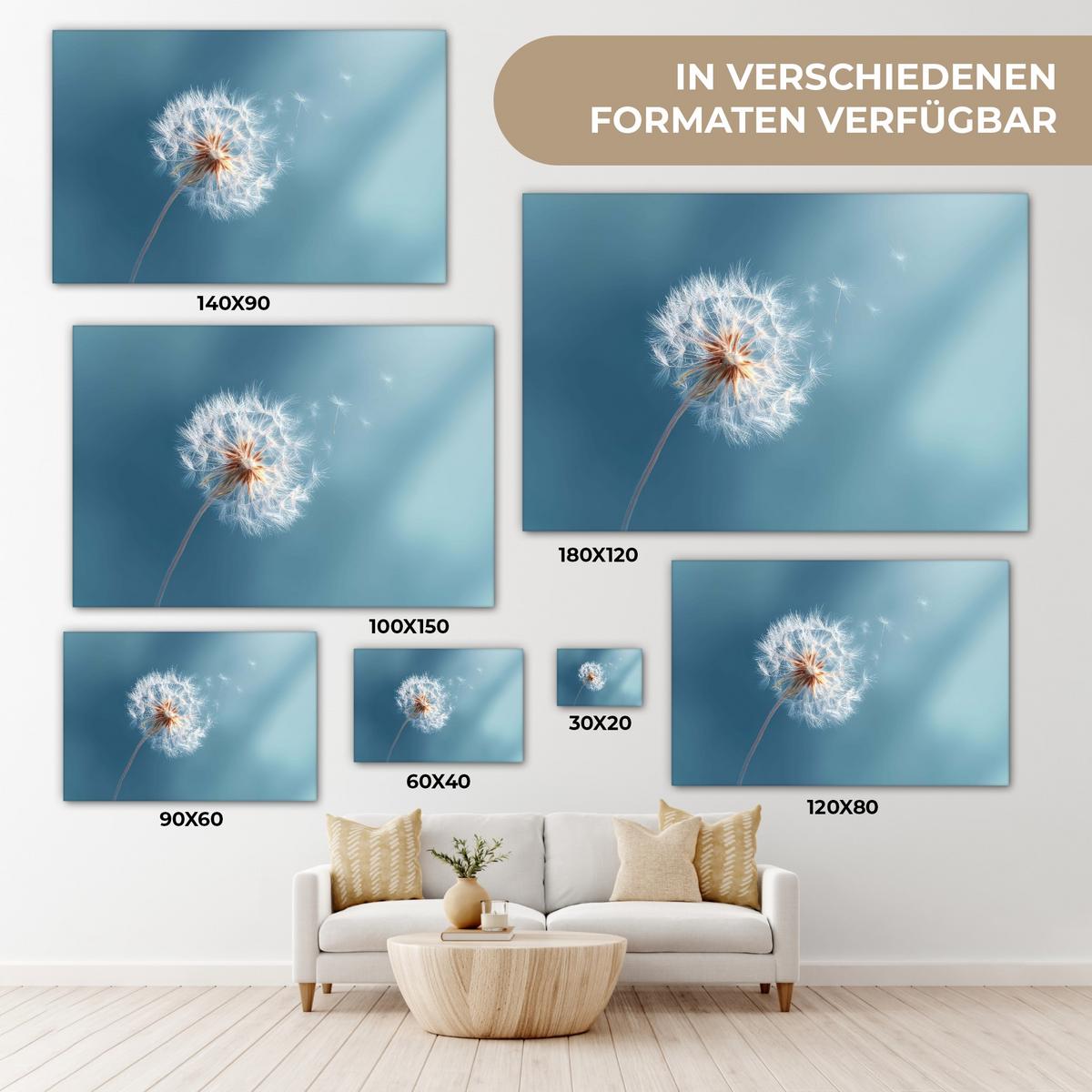 LEINWANDBILD Löwenzahn - Wind - Blau XXL 150x100 cm - Blaugrau, Textil (150/100cm) - MuchoWow