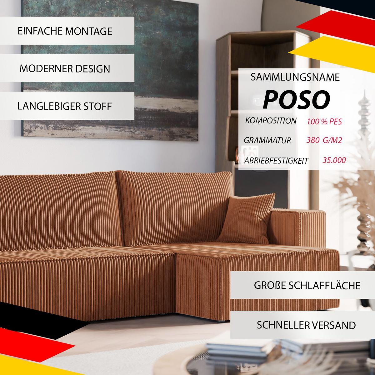 ECKSOFA mit Schlaffunktion und Bettkasten, Orange - Orange, Holzwerkstoff/Textil (145/276cm) - Idohome