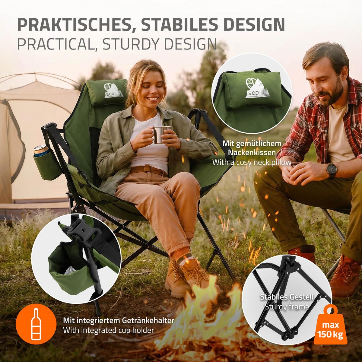CAMPINGSTUHL faltbar Khaki mit Stahlgestell 82x105x107 cm - Grün, Textil/Metall (105/107/82cm) - ECD-Germany