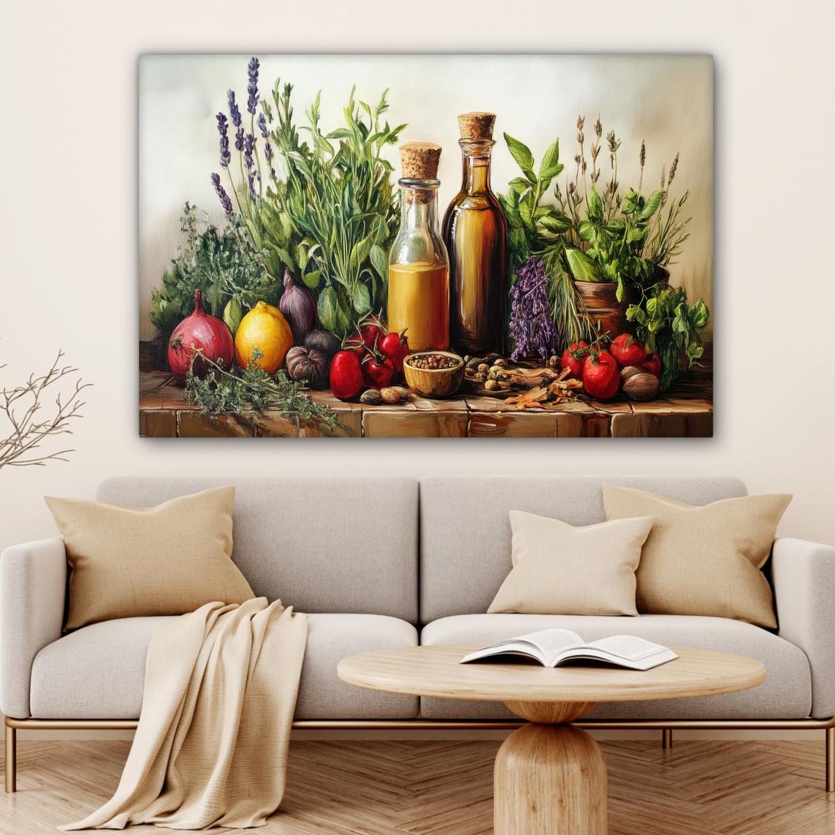 LEINWANDBILD Stilleben - Kräuter - Gewürze - Früchte - Farbenfroh Wohnzimmer Groß 120x80 cm - Grün, Textil (120/80cm) - MuchoWow