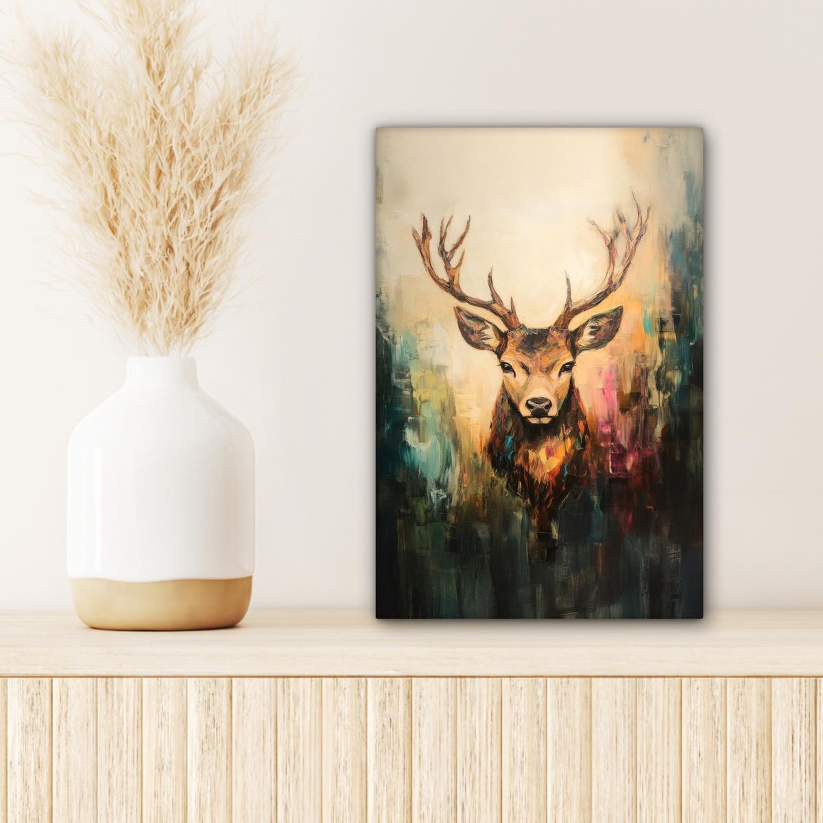 LEINWANDBILD Hirsch - Gemalt - Geweih - Braun Deko Wohnzimmer 20x30 cm - Haselnussfarben, Textil (20/30cm) - MuchoWow