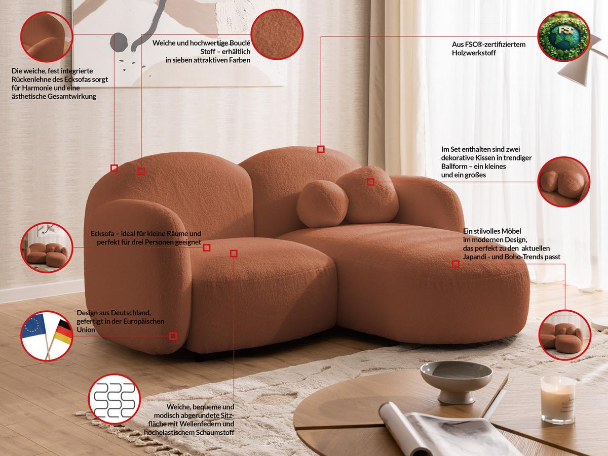 ECKSOFA Nuvola mit abgerundetem Design Terrakotta Bouclé-Stoff - Ottomane Rechts - Terracotta/Schwarz, Holz/Kunststoff (190/146cm) - S-Style Möbel